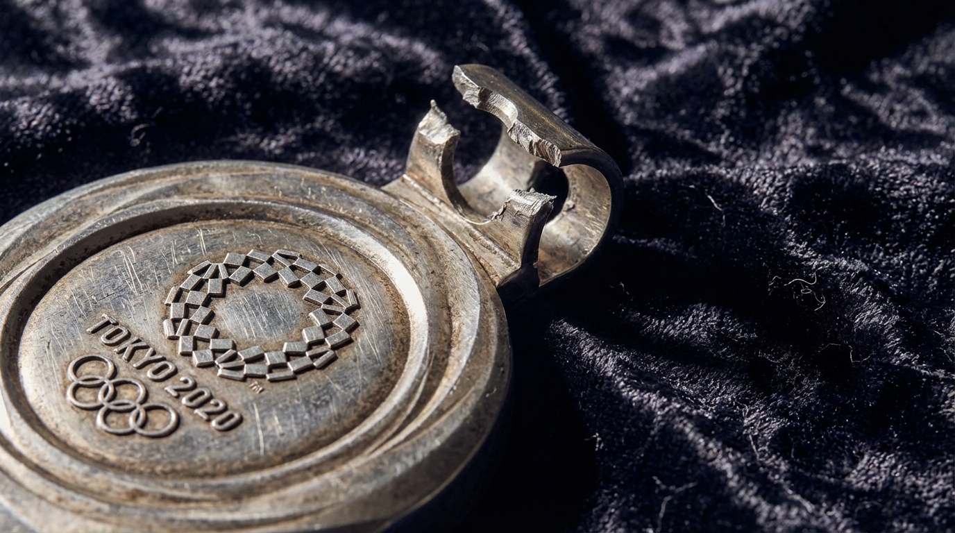 Close-up view of a broken ribbon clasp on a 2026 Winter Games medal