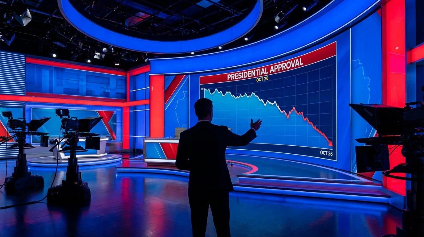 Silhouette of a news anchor in a studio pointing at a downward trending graph labeled Presidential Approval