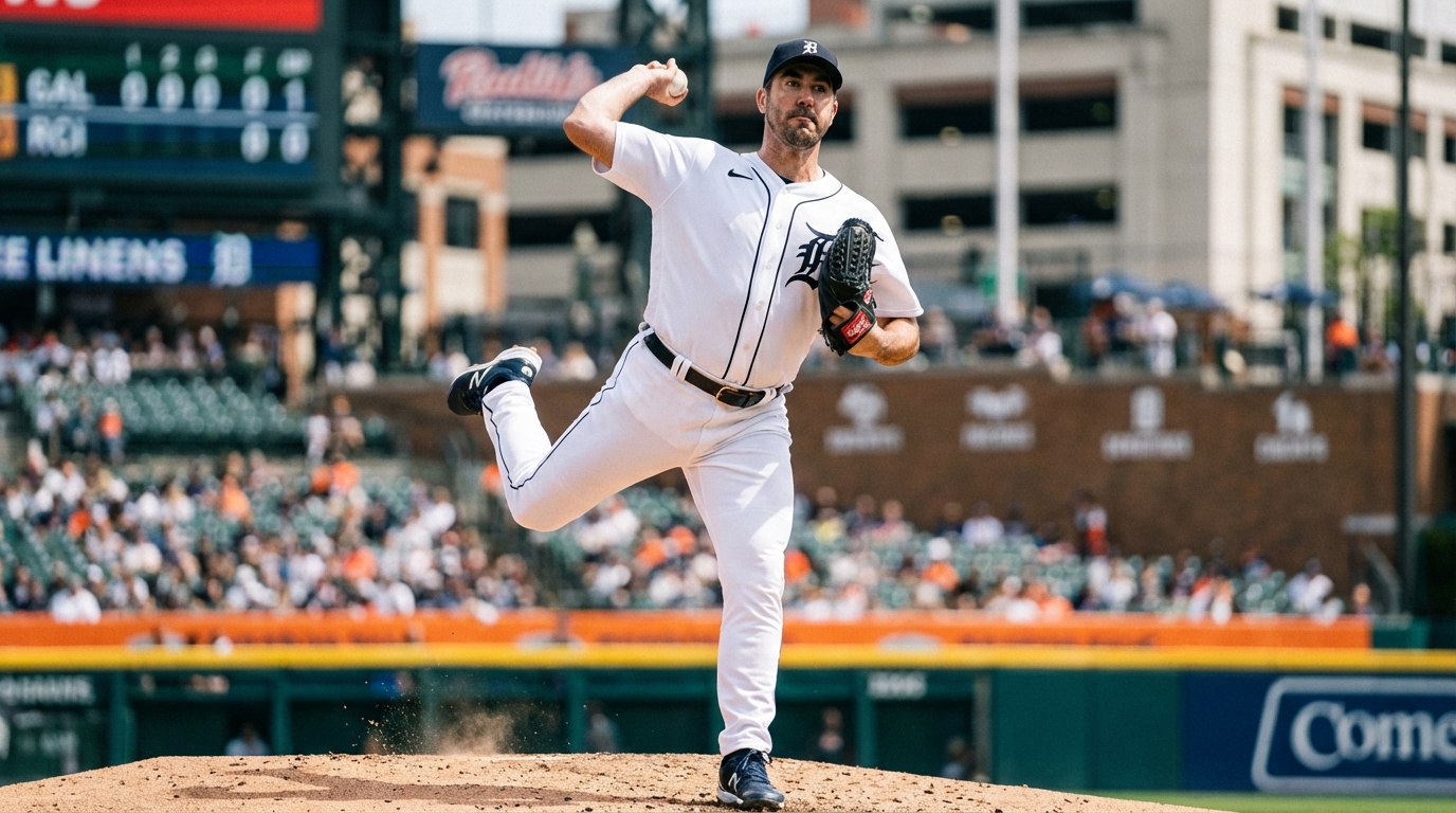 Justin Verlander pitching in a Detroit Tigers uniform at Comerica Park during a daytime game