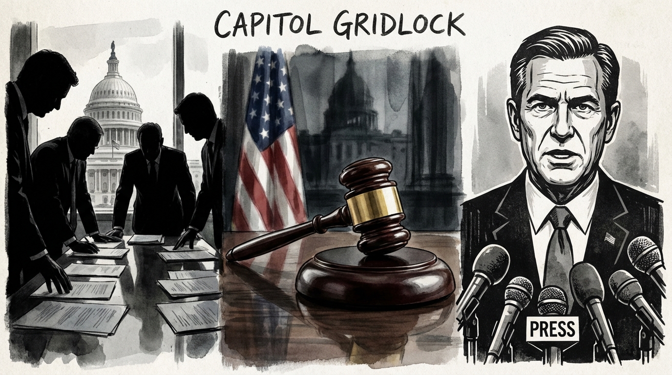 Silhouettes of lawmakers reviewing documents near a gavel with a blurred American flag background