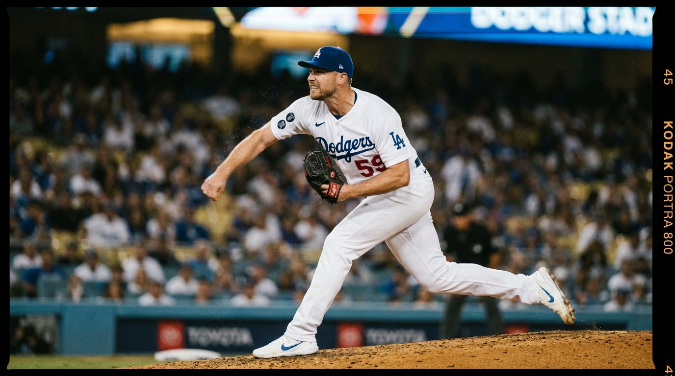 Evan Phillips pitching on the mound at Dodger Stadium wearing a white home uniform during a night game
