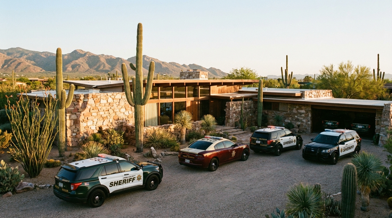 Saguaro cacti silhouetted against a sunset in the Catalina Foothills desert landscape