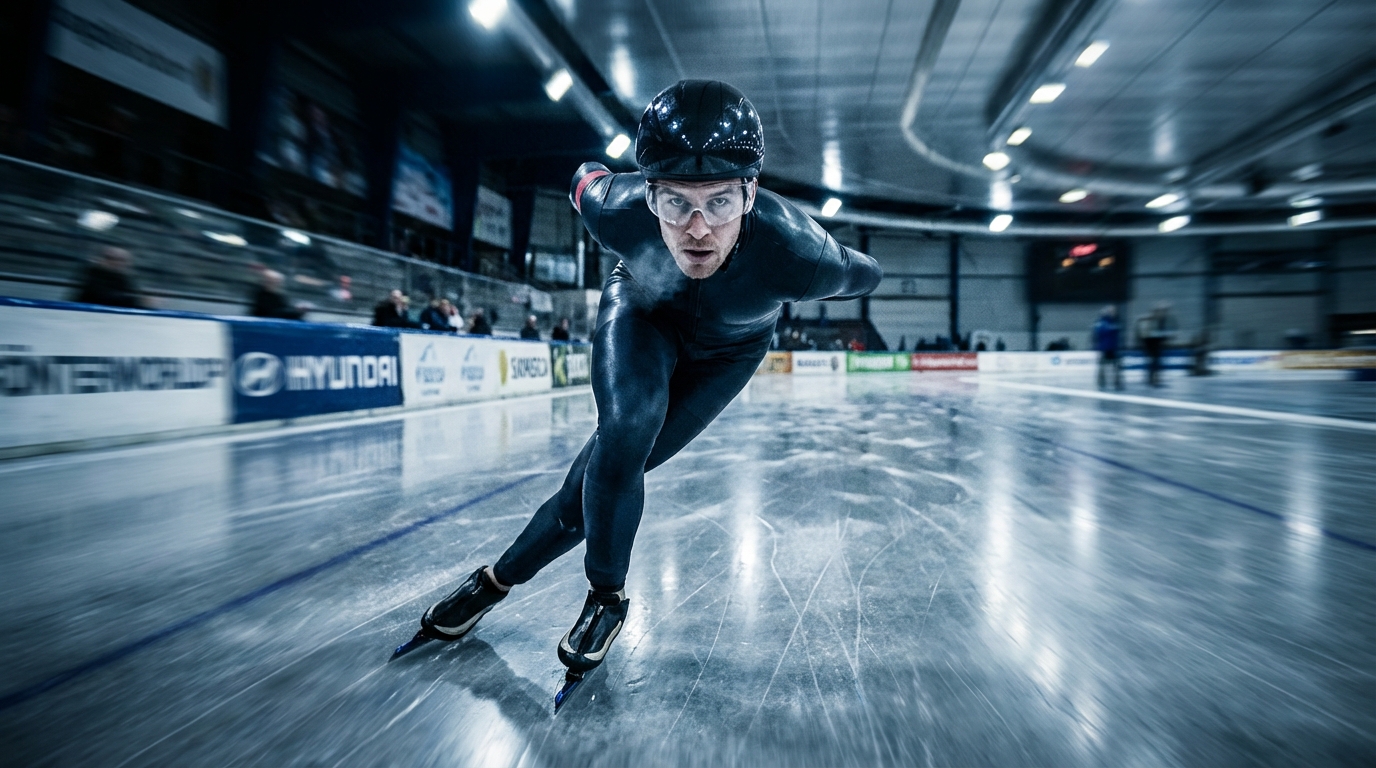 Speed skater Jordan Stolz in a low aerodynamic crouch position rounding a curve on an indoor ice rink