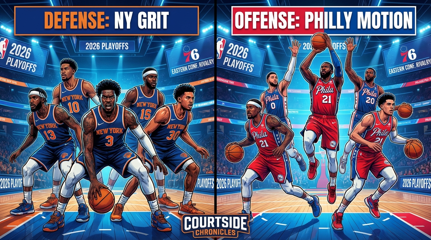 Illustration of New York Knicks defense facing Philadelphia 76ers offense in a basketball arena.