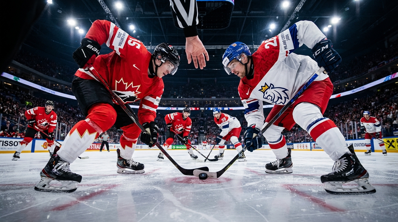Ice hockey players facing off at center ice during an international match between Canada and Czechia