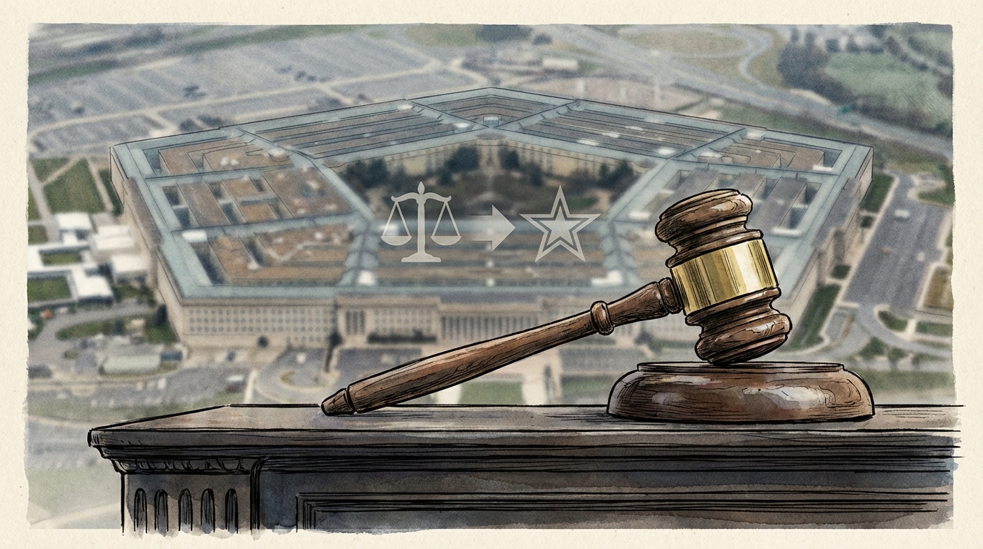 A wooden gavel rests on a judge's bench in the foreground with a blurred background suggesting a legal setting.