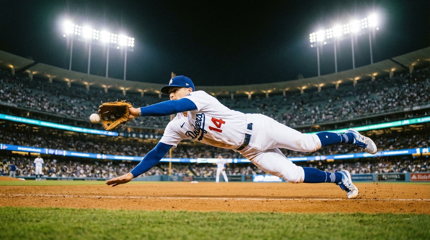 Kike Hernandez fielding a ground ball in a Los Angeles Dodgers uniform during a game