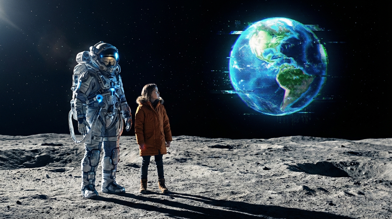 An astronaut and a young girl standing on the lunar surface gazing at a distorted digital Earth.