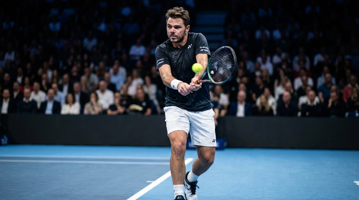 Stan Wawrinka executing a powerful one-handed backhand on an indoor hard court