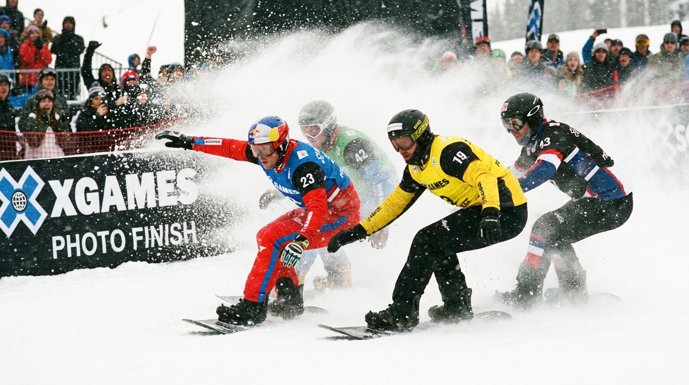 Snowboarders racing closely down a snowy Olympic course during a tight final heat