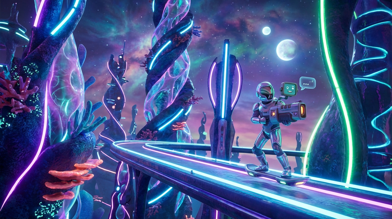 Character skateboarding with a talking gun in a neon alien city in High On Life 2
