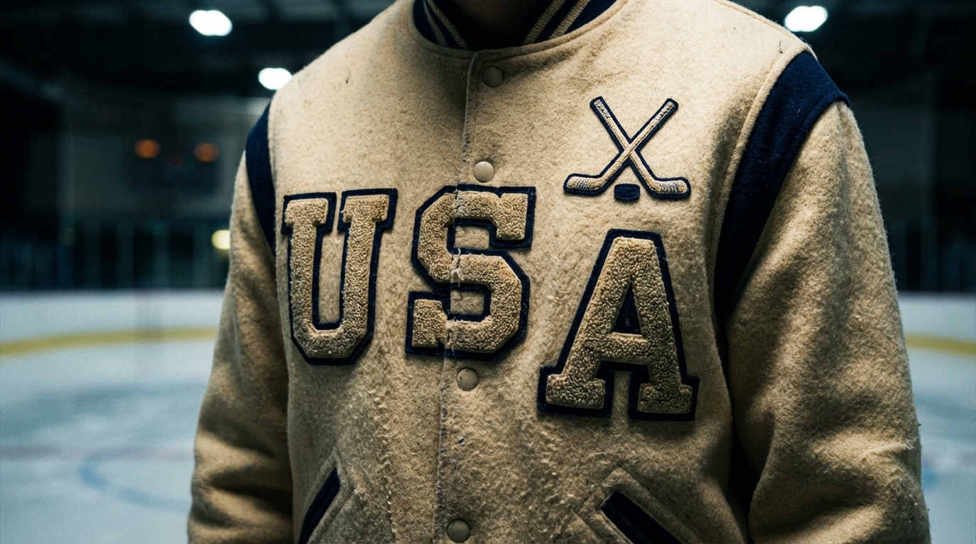 John Wroblewski wearing a cream-colored vintage USA hockey jacket standing near Olympic rings
