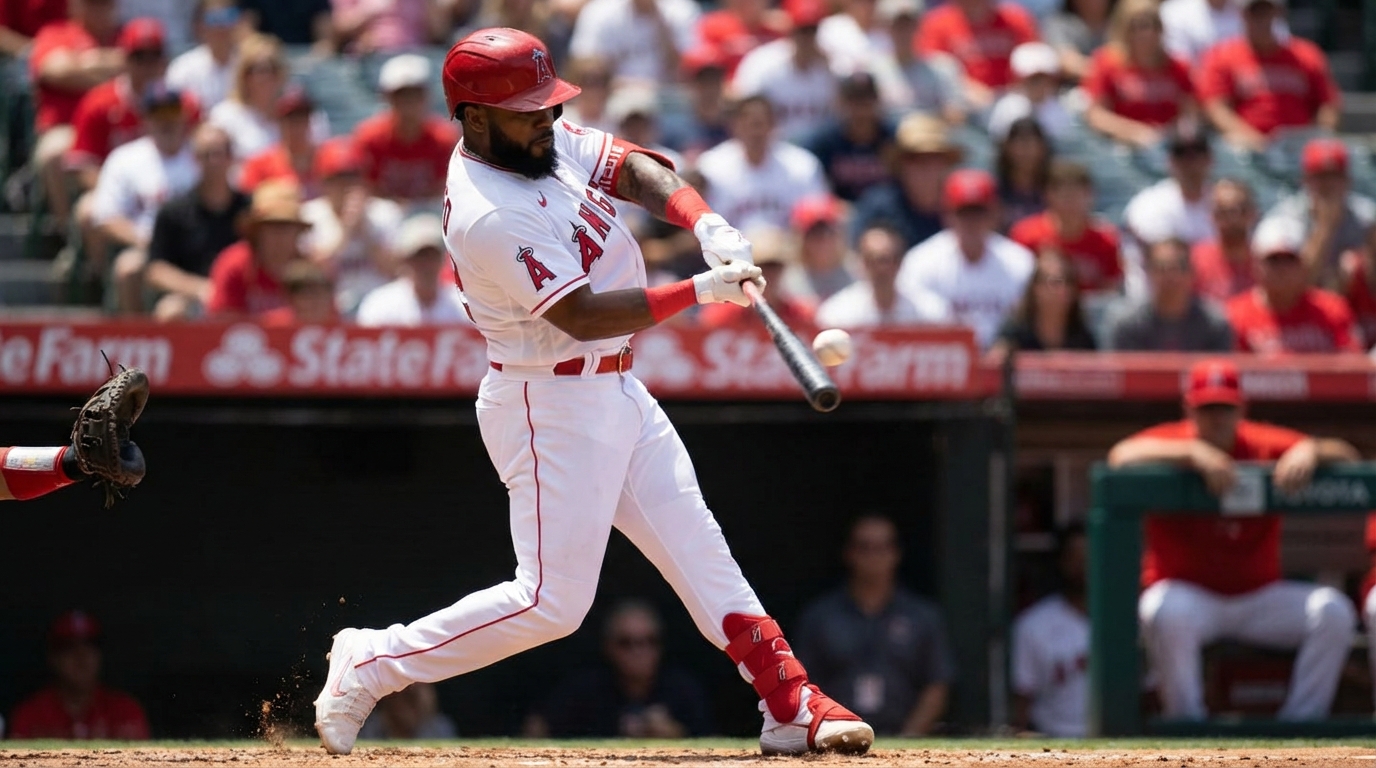 Luis Rengifo swinging a bat at home plate during a professional baseball game