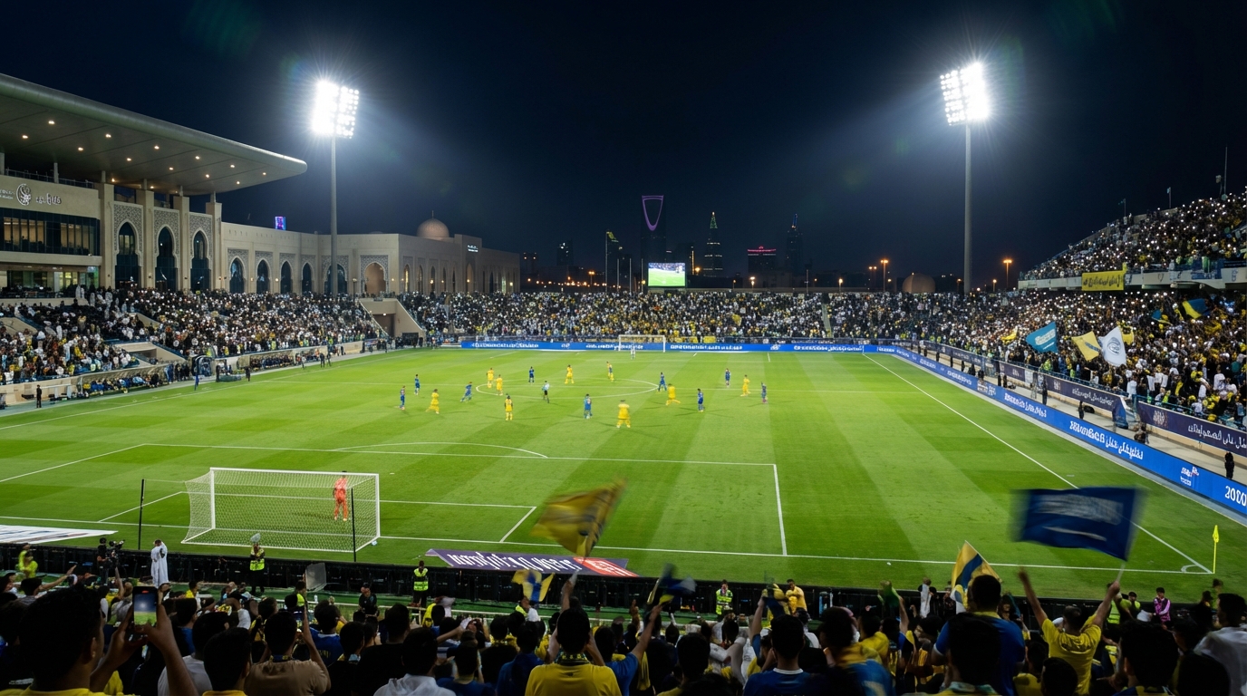 Soccer players in yellow and blue kits competing under stadium floodlights during a night match