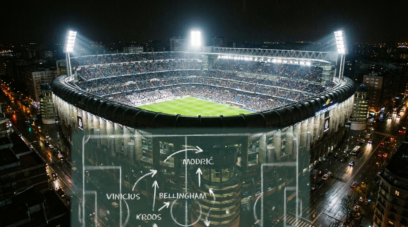 View of the Santiago Bernabeu pitch from the stands before a Real Madrid match