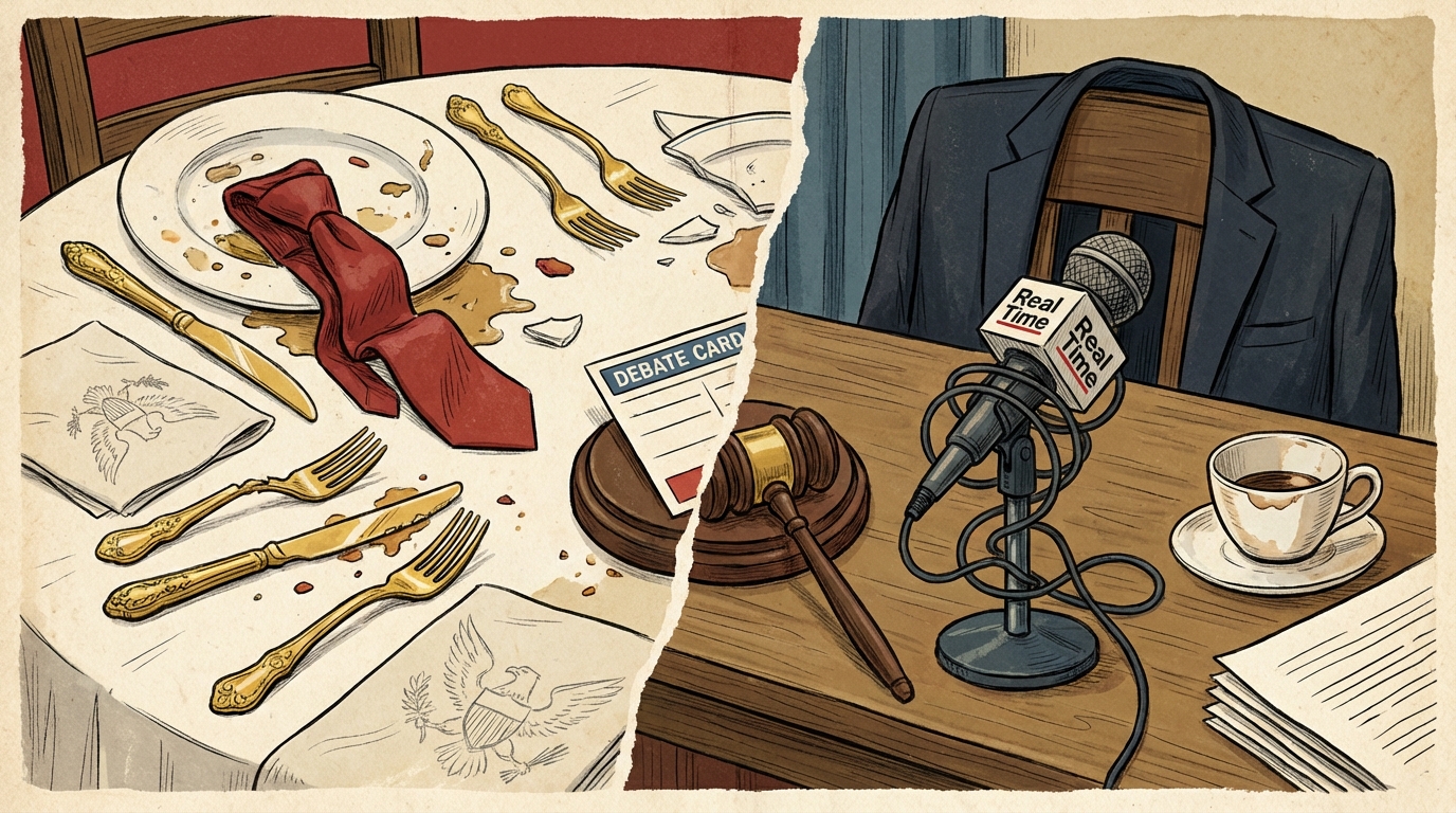 A split illustration depicting a chaotic dinner table with a red tie and gold cutlery on one side and a microphone on the other