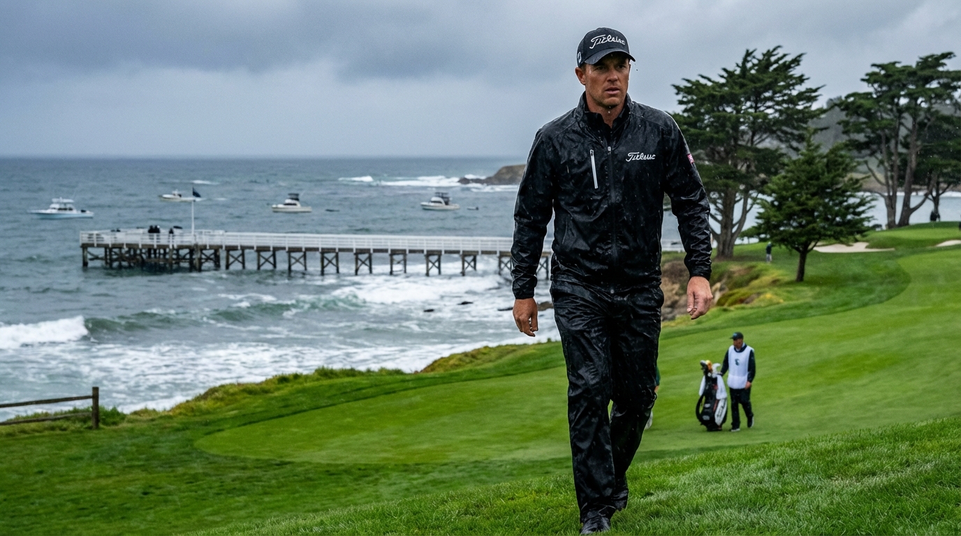 Professional golfer in black rain gear walking on a Pebble Beach fairway with ocean background under overcast skies