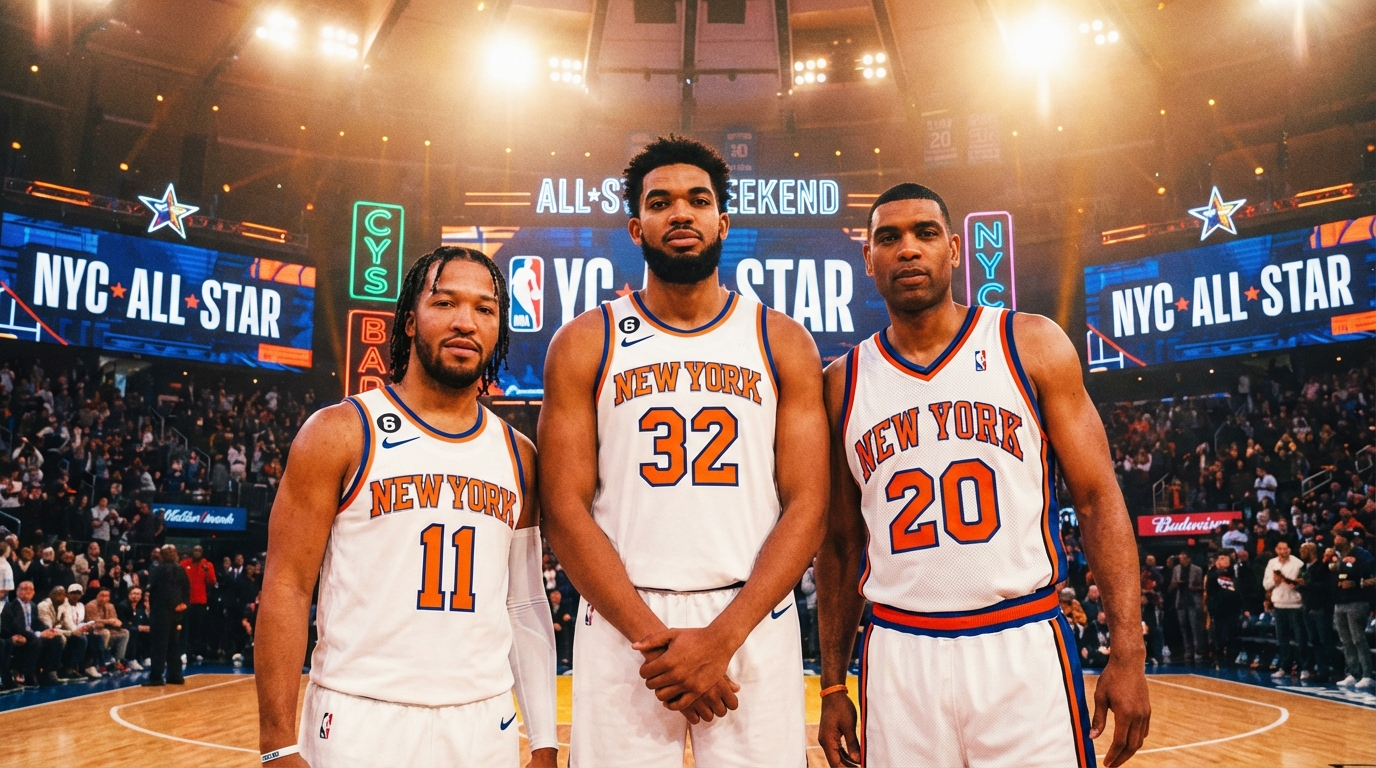 Jalen Brunson, Karl-Anthony Towns, and Allan Houston standing together on a basketball court in Knicks gear