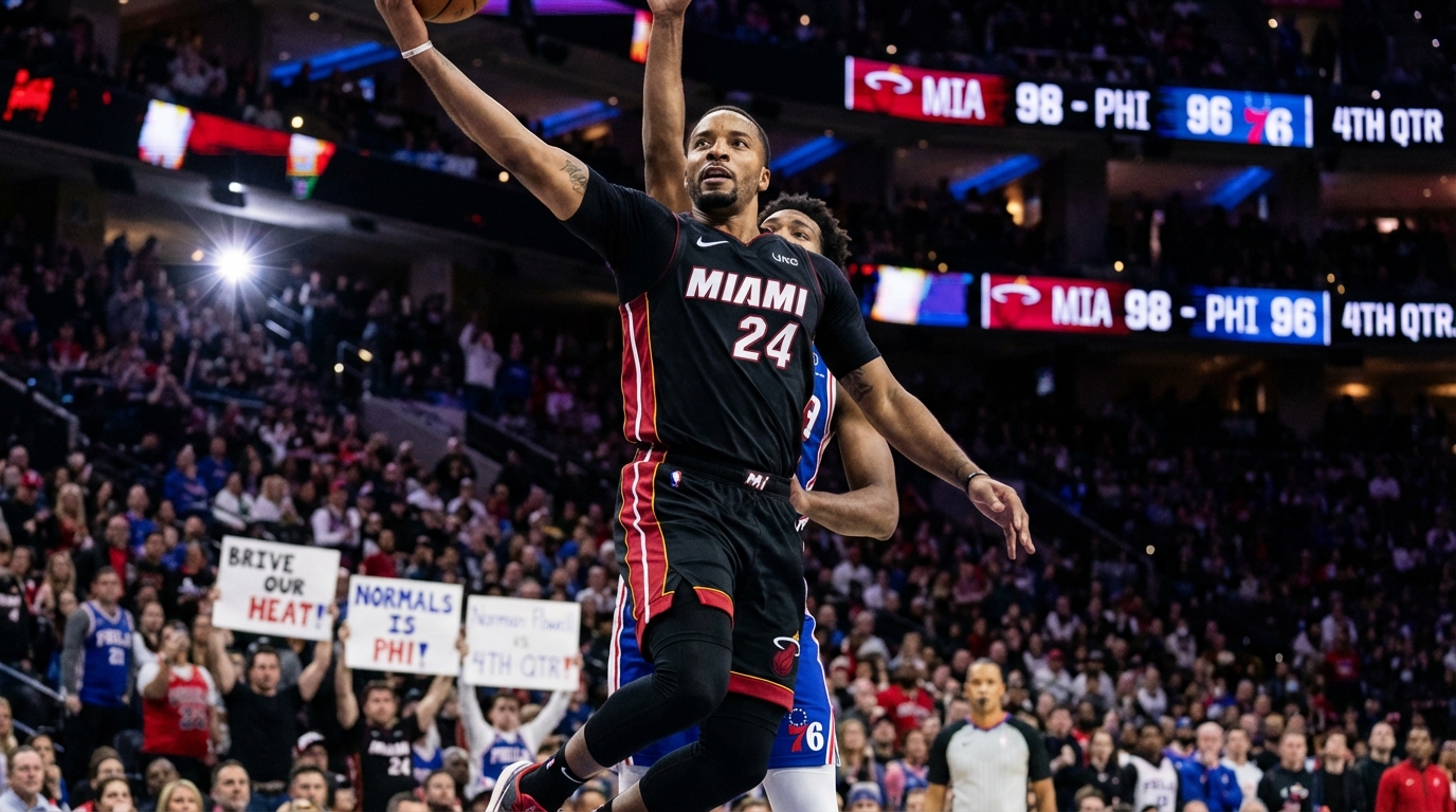 Norman Powell driving to the basket in a Miami Heat jersey during an NBA game