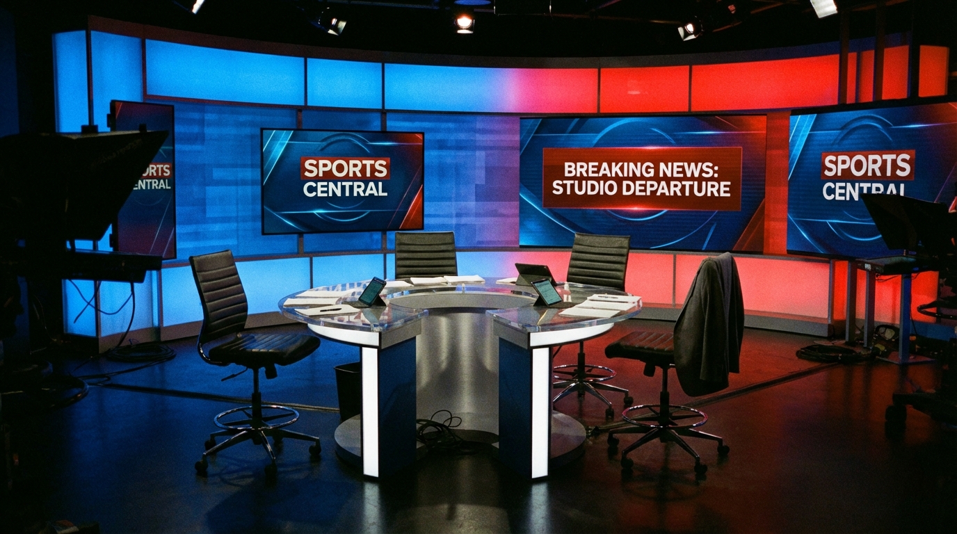 Empty chairs on a modern sports debate television set with dramatic studio lighting
