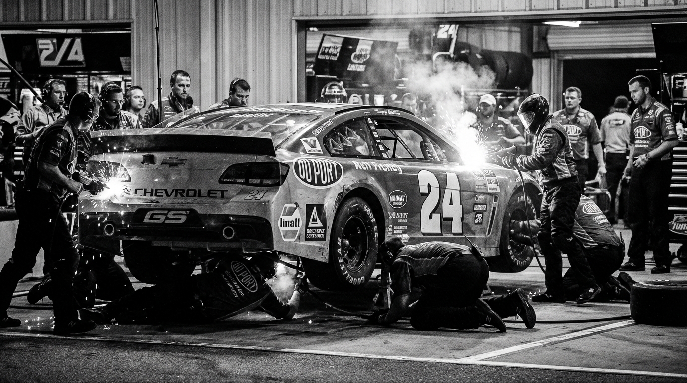 Hendrick Motorsports crew working on William Byron's No. 24 car in the Daytona garage