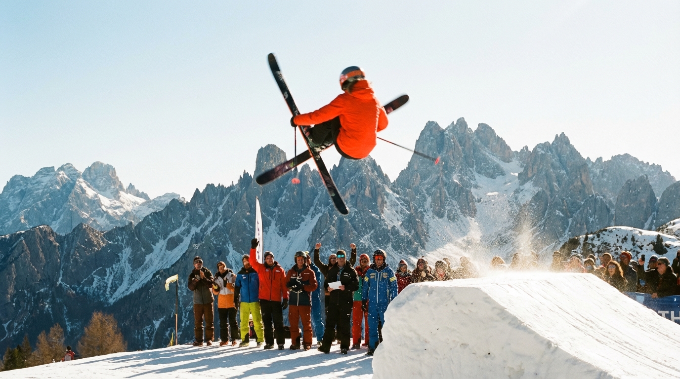 Eileen Gu performing a high aerial ski trick above a snowy slope during the competition