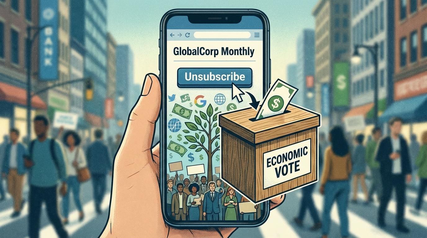 Illustration of a smartphone screen displaying an unsubscribe button transforming into a voting ballot box