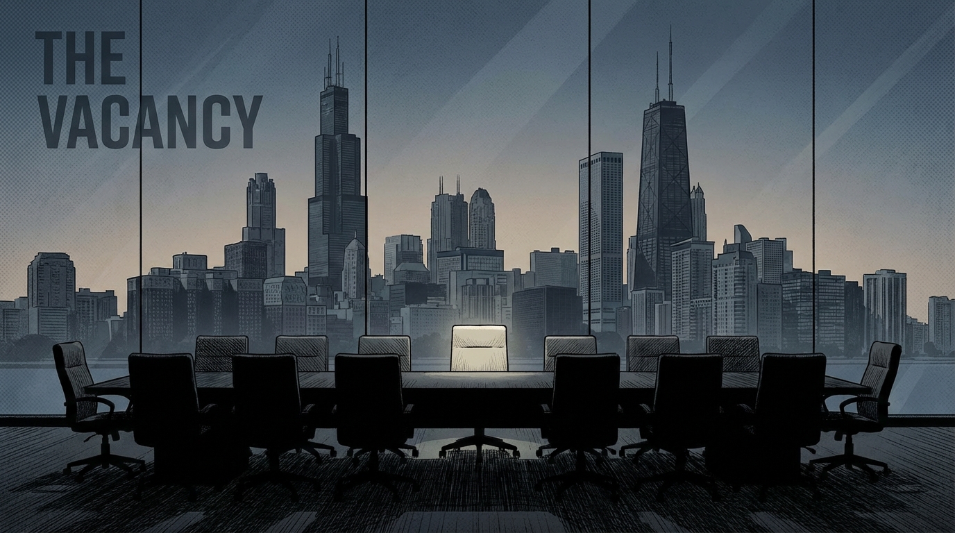 Silhouette of a corporate boardroom with an empty chair against a Chicago skyline