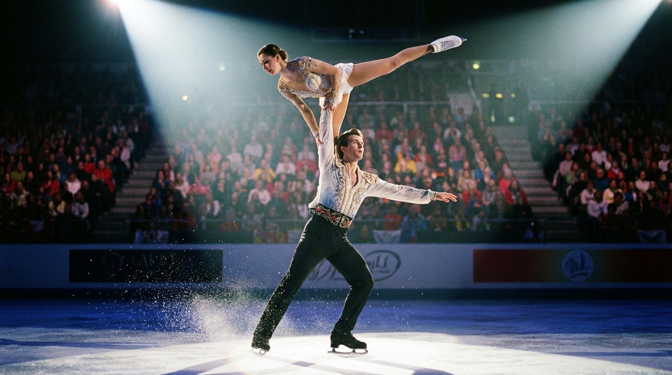 Pairs figure skaters performing a high lift on the ice under dramatic arena lighting
