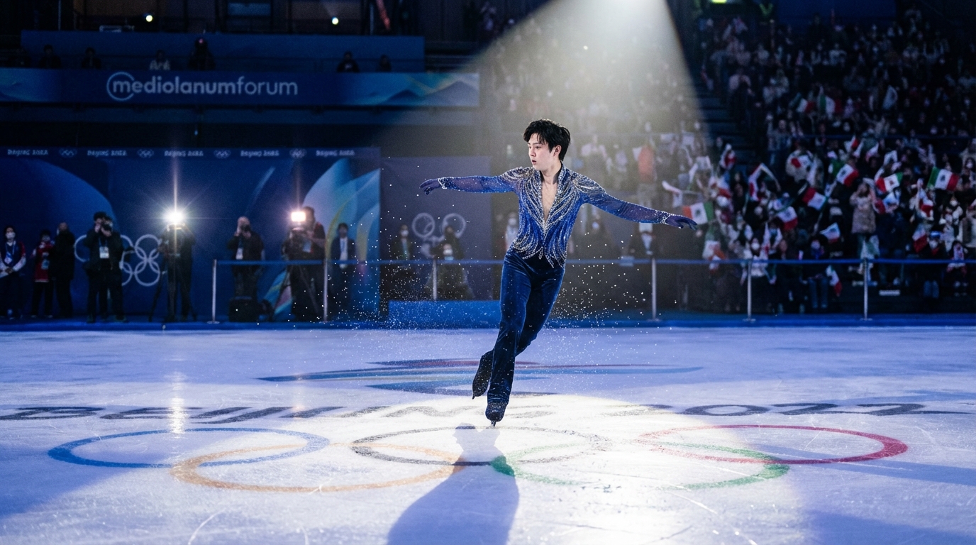 Adeliia Petrosian performing on the ice at the Mediolanum Forum during the 2026 Winter Olympics.