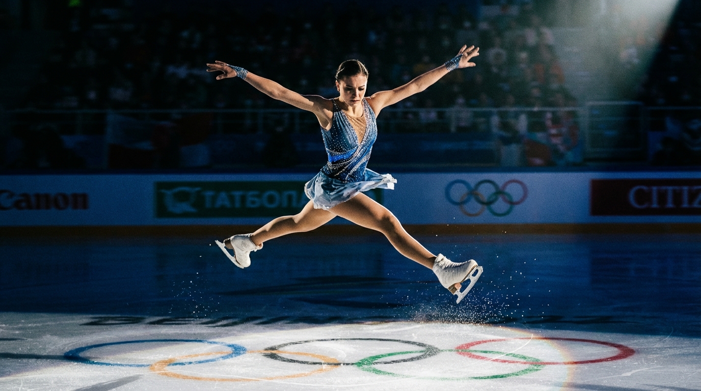 Amber Glenn performing on the ice in a figure skating costume during a competition