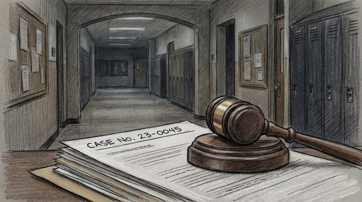 A wooden gavel resting on legal documents in a somber courtroom setting