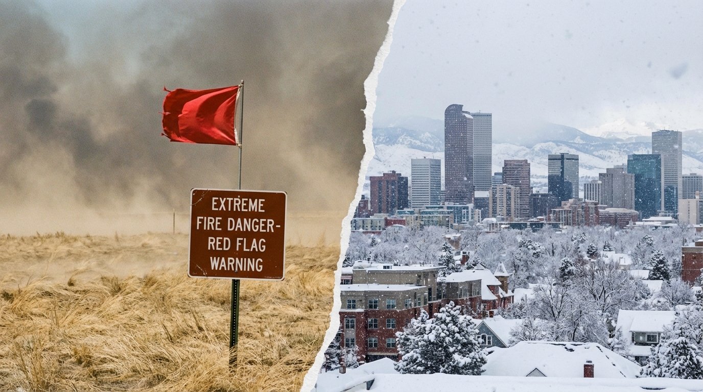 Dry grassy field with a red flag warning sign foregrounding the Denver skyline