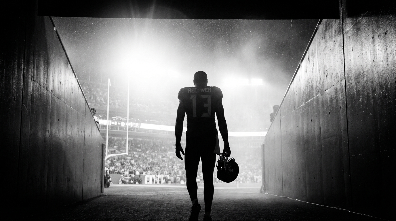 Silhouette of a football player standing in a dark stadium tunnel looking out toward the bright field lights
