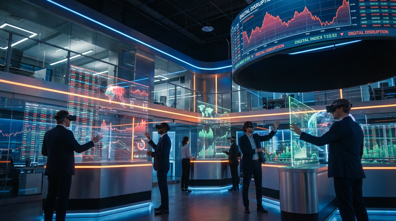 Digital trading floor displaying fluctuating red and green holographic stock charts representing market volatility