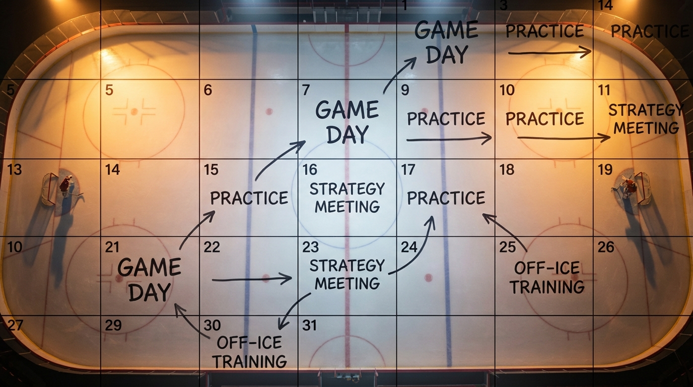 Ice hockey rink surface with markings symbolizing upcoming Olympic competition planning