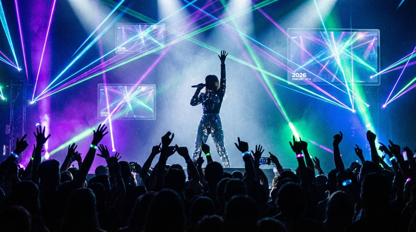 Silhouette of a pop star performing on a brightly lit stage facing a large crowd during a 2026 concert event