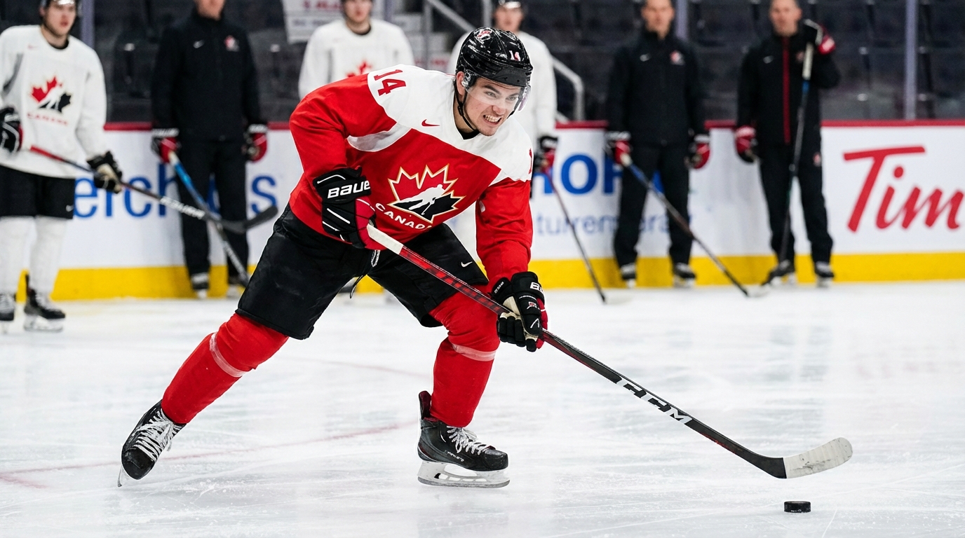 Nick Suzuki skating intensely during a Team Canada practice session