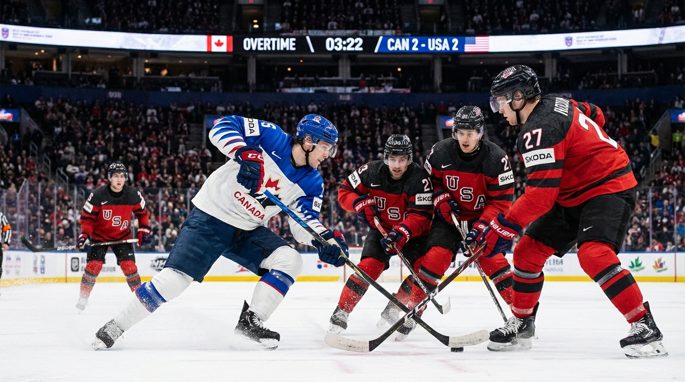 Hockey players competing in a 3-on-3 overtime situation during an international tournament