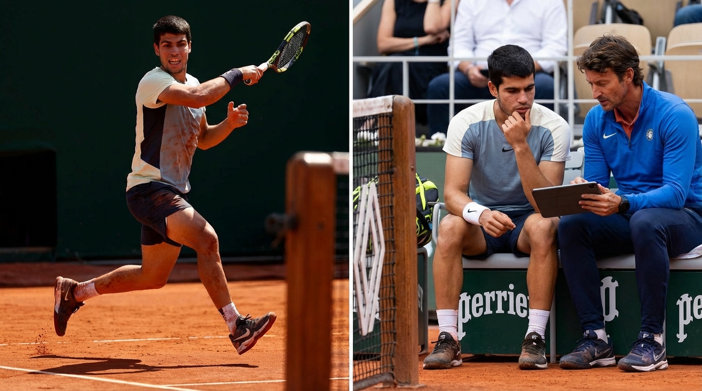 Carlos Alcaraz hitting a powerful forehand shot on a clay court during a professional match