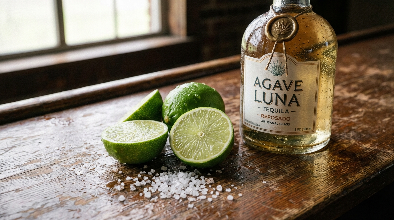 Close-up of fresh limes, coarse sea salt, and a bottle of premium tequila on a rustic wooden bar top