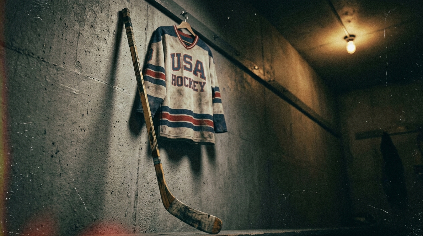 A vintage wooden hockey stick leaning against a locker room wall beneath a hanging 1980s USA jersey under dramatic lighting.