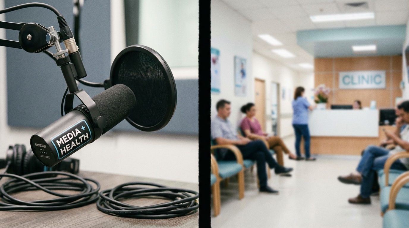A professional podcast microphone in the foreground with a blurred medical waiting room in the background