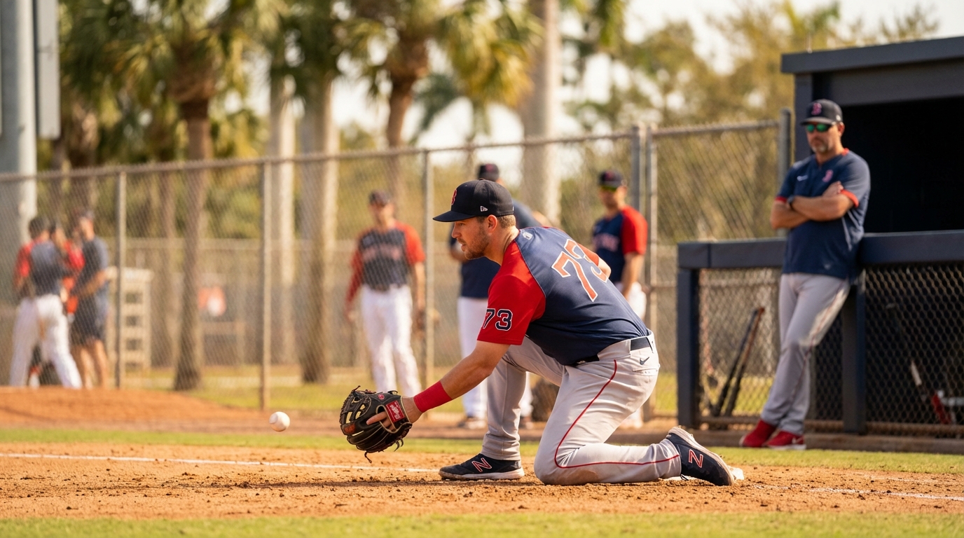 Red Sox players practicing infield drills on a sunny baseball diamond during spring training