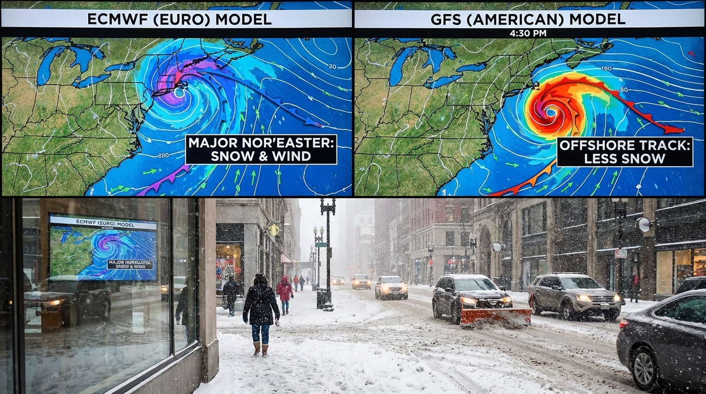 A weather map comparing American and European model tracks over the snowy US East Coast