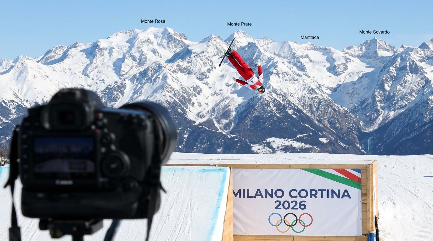Freestyle aerial skier performing a high jump against the snowy Italian Alps