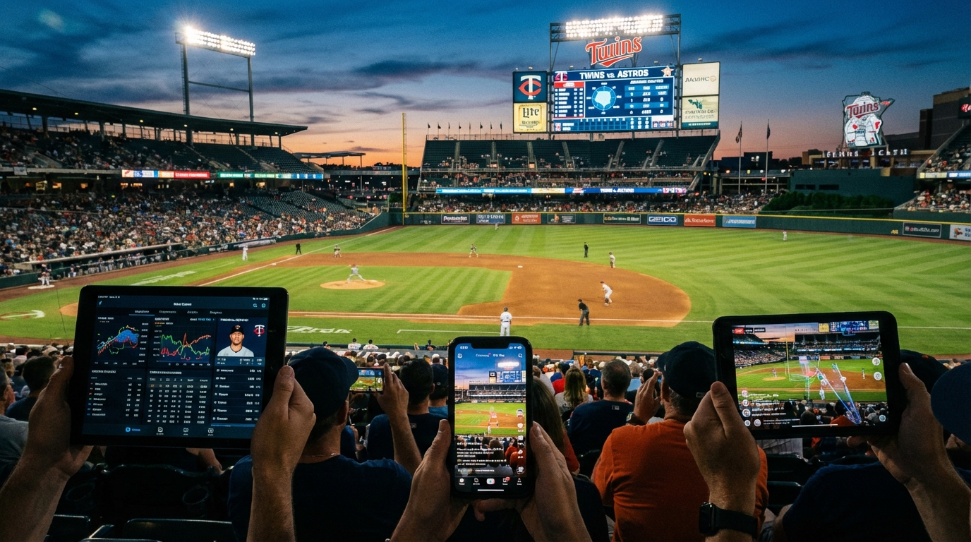 Fans in a stadium using tablets to view advanced stats during a baseball game
