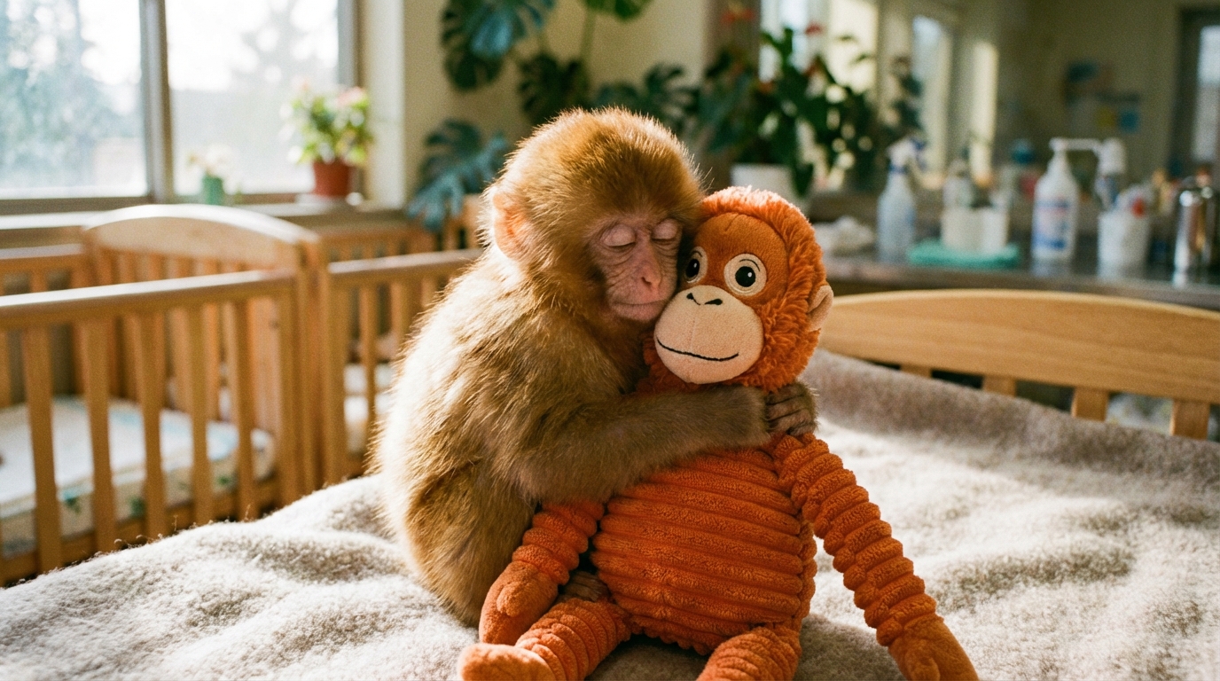 A baby Japanese macaque named Punch clinging to a large stuffed orangutan toy in a zoo nursery.