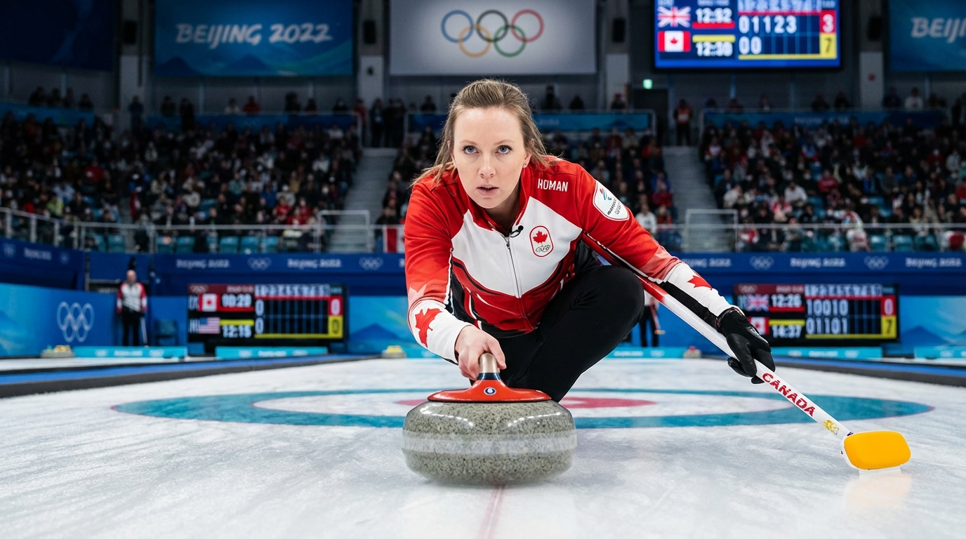 Rachel Homan delivering a curling stone with intense focus during the Winter Olympics
