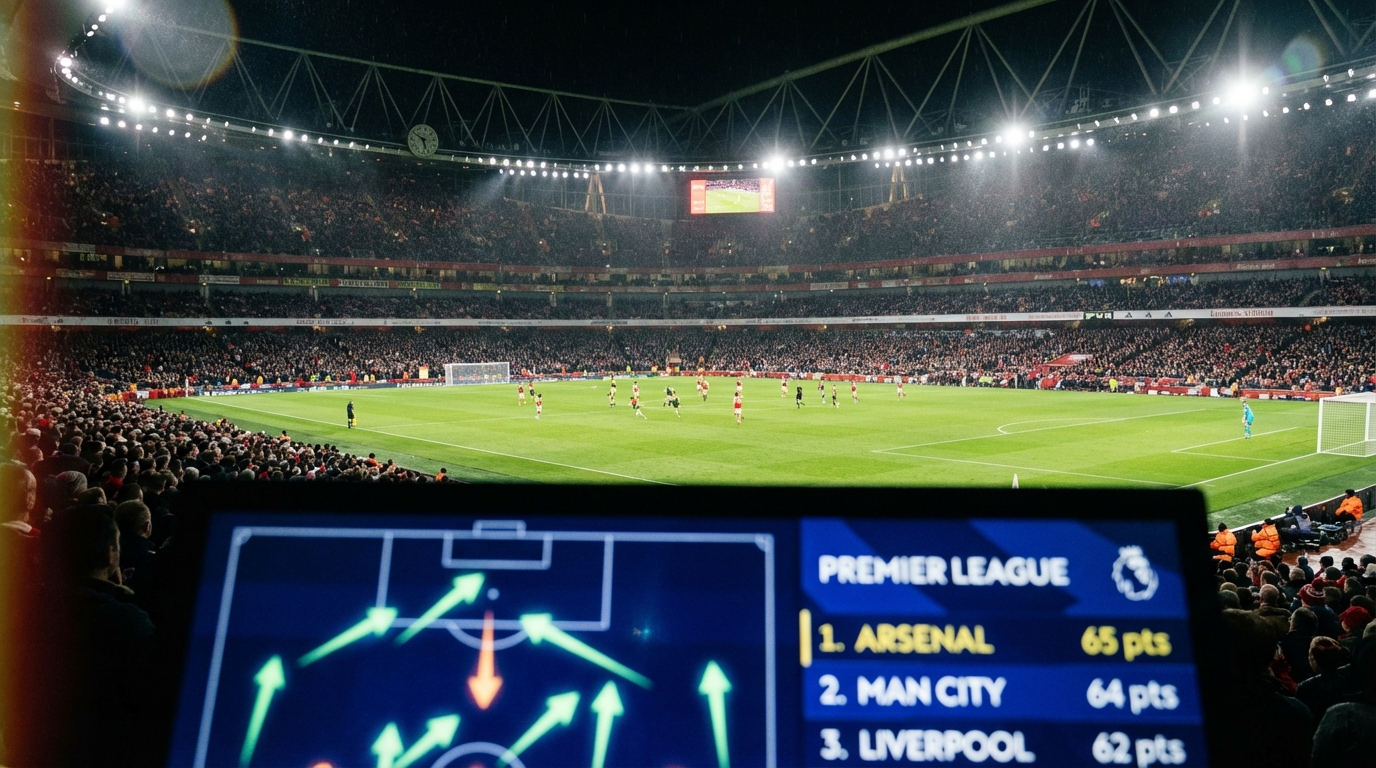 A view of the Emirates Stadium pitch during a match, overlaid with a tactical football formation board